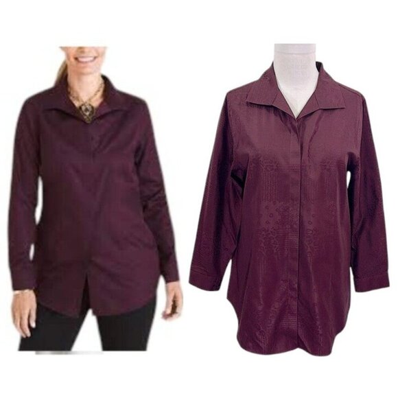 Chico's No Iron Tunic Shirt Size 1.5 (10) Jacquard Burgundy Long Sleeve - Picture 1 of 12